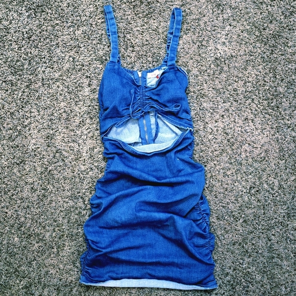 Unlisted Dresses & Skirts - MELEPE Ruched Denim Bodycon Mini Dress – Cutout, Zip Front, Size L